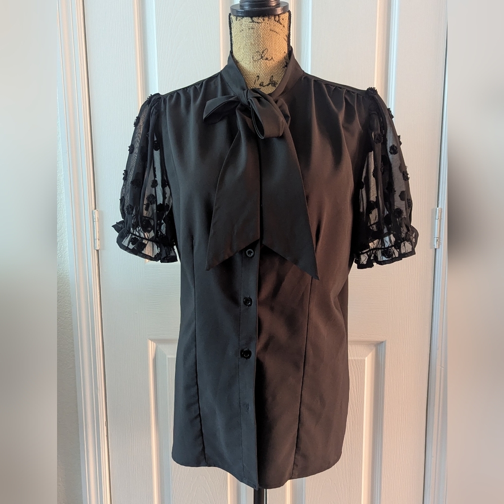 Black Puff Sleeve Blouse with Tie Front